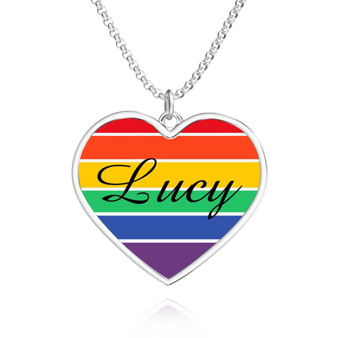 Custom Name Rainbow Heart Necklace with LGBTQ Pride Silver Pendant
