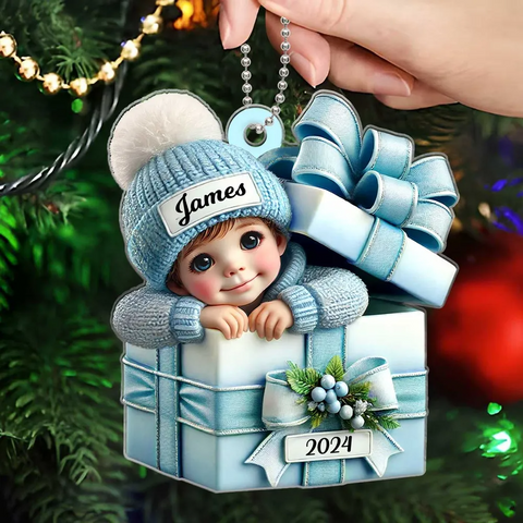 Baby Boy Girl Inside the Gift Box Custom 2D Flat Acrylic Christmas Ornament 2025