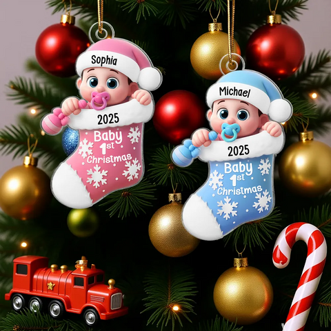 Cute Cartoon Baby In Stocking Baby's 1st Christmas Custom Acrylic Ornament