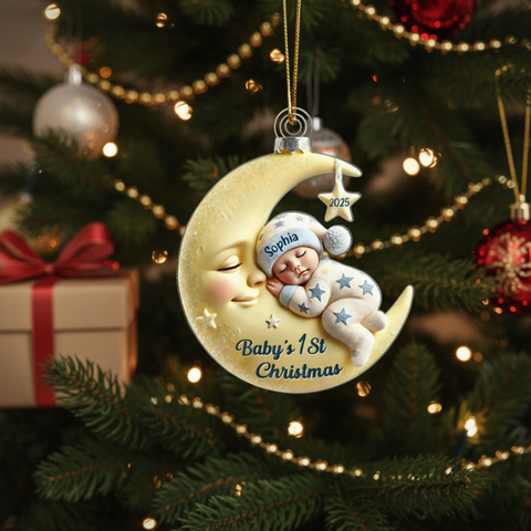Moon Hugging the Sleeping Baby Custom Acrylic Ornament for Baby’s First Christmas
