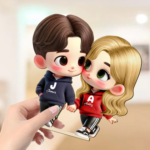 3D Effect Cute Cartoon Couple Holding Hands Custom Standing Wooden Plaque