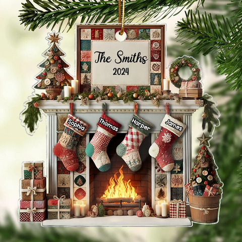3D Effect Quilting Patchwork Fabric Patterns Fireplace Family Names Custom Acrylic Christmas Ornament 2025