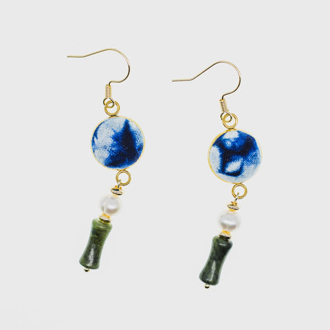 Handmade Indigo Tie-Dye Gold Earrings with Blue Stone and Pearl Drops