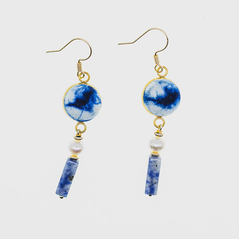 Handmade Indigo Tie-Dye Gold Earrings with Blue Stone and Pearl Drops