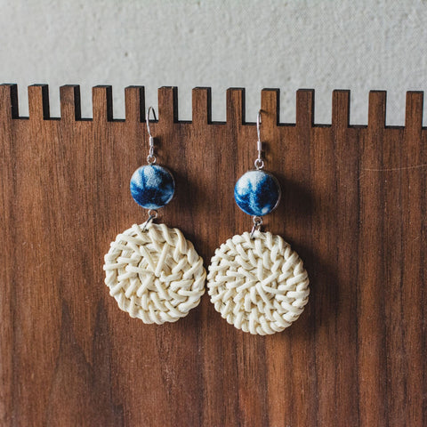 Handmade Indigo Tie Dye Rattan Earrings with Silver Hooks Boho Style