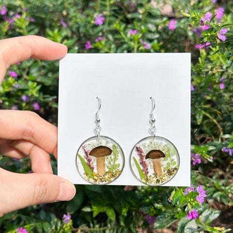 Handmad Pressed Mushroom and Fern Resin Drop Earrings