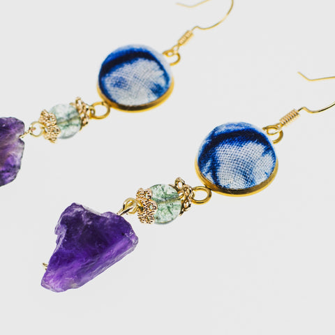 Handmade Tie-Dye Gold Earrings with Dangling Crystal Drops
