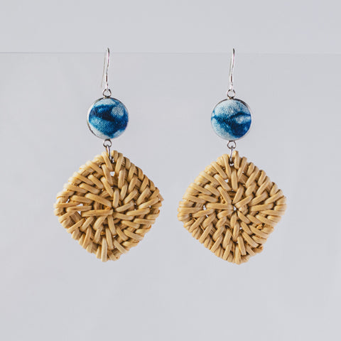 Handmade Indigo Tie Dye Rattan Earrings with Silver Hooks Boho Style