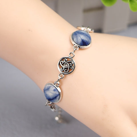Handmade Floral Silver Bracelet with Vintage Indigo Tie-Dye Insets