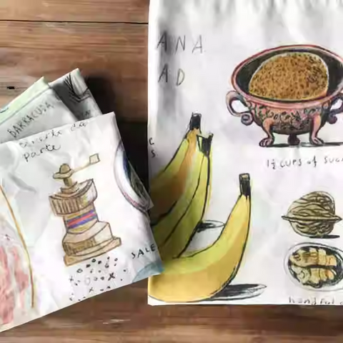 Hand-Painted Linen Tea Towel Botanical Recipe Kitchen Art