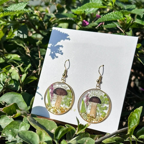 Handmad Pressed Mushroom and Fern Resin Drop Earrings