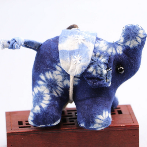 Handmade Indigo Tie-Dye Thai Elephant Keychain Cute Bag Charm Gift
