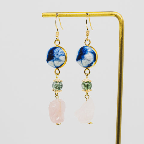 Handmade Tie-Dye Gold Earrings with Dangling Crystal Drops