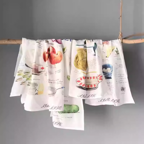 Hand-Painted Linen Tea Towel Botanical Recipe Kitchen Art