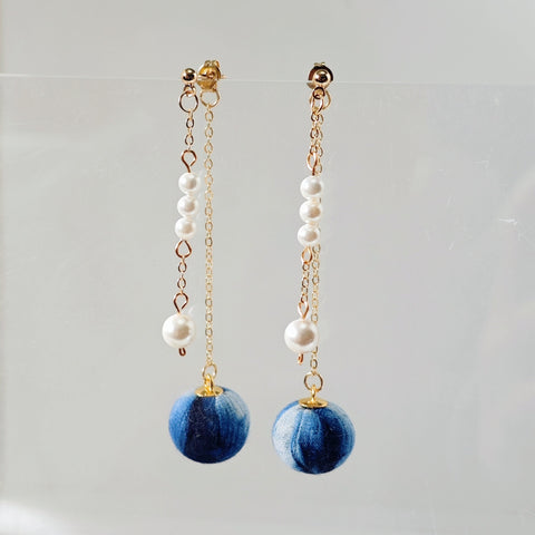 Handmade Indigo Tie-Dye Earrings With Gold Chains and Pearl Studs