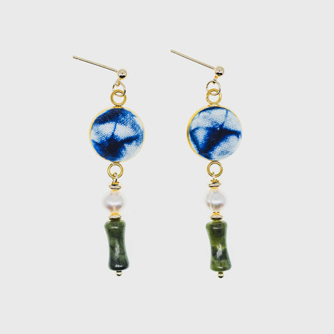 Handmade Indigo Tie-Dye Gold Earrings with Blue Stone and Pearl Drops