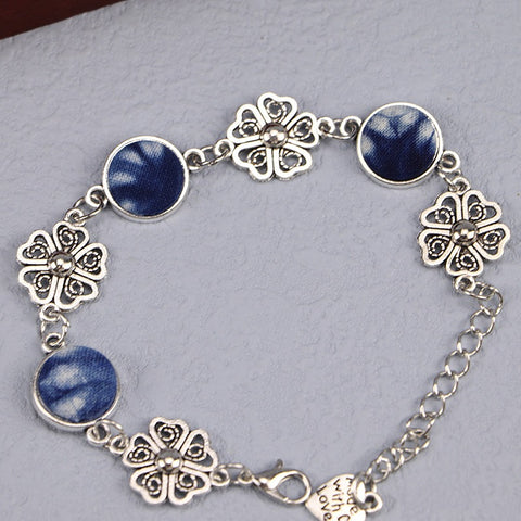 Handmade Floral Silver Bracelet with Vintage Indigo Tie-Dye Insets