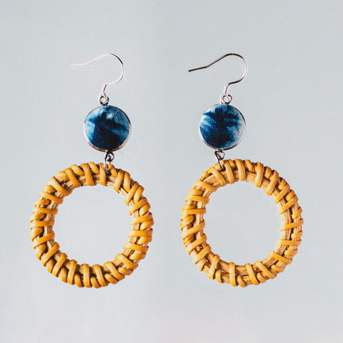 Handmade Indigo Tie Dye Rattan Earrings with Silver Hooks Boho Style