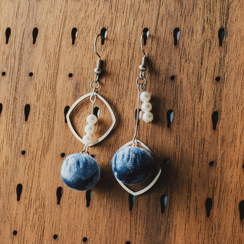 Handmade Indigo Tie-Dye Earrings with Pearl Beads Geometric Ethnic Design