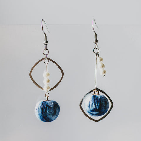 Handmade Indigo Tie-Dye Earrings with Pearl Beads Geometric Ethnic Design