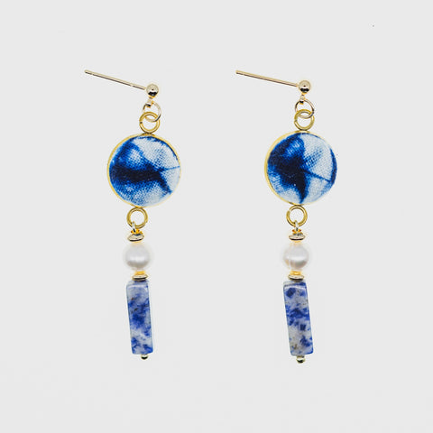 Handmade Indigo Tie-Dye Gold Earrings with Blue Stone and Pearl Drops