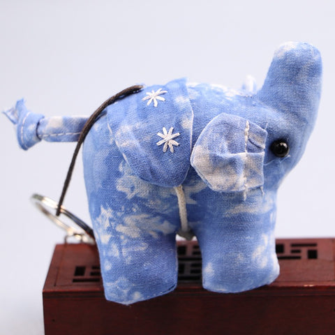 Handmade Indigo Tie-Dye Thai Elephant Keychain Cute Bag Charm Gift