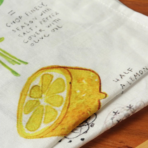 Hand-Painted Linen Tea Towel Botanical Recipe Kitchen Art