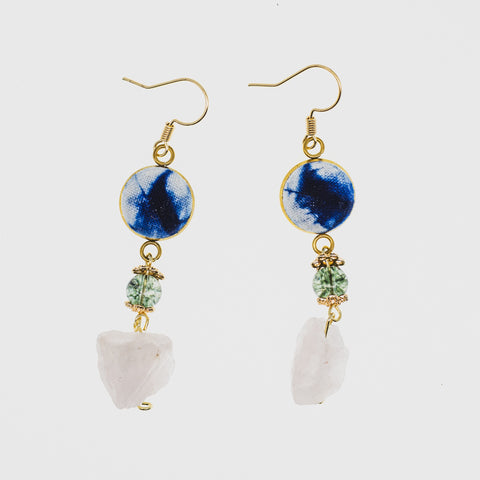 Handmade Tie-Dye Gold Earrings with Dangling Crystal Drops