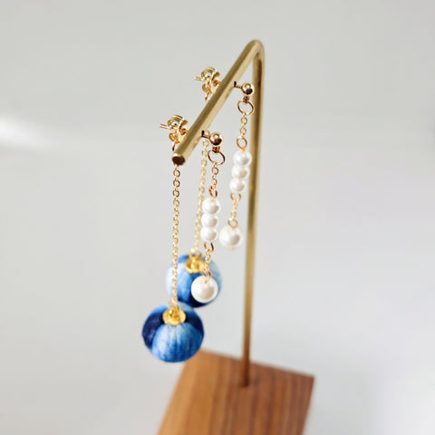 Handmade Indigo Tie-Dye Earrings With Gold Chains and Pearl Studs