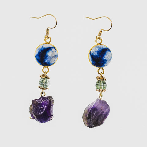 Handmade Tie-Dye Gold Earrings with Dangling Crystal Drops