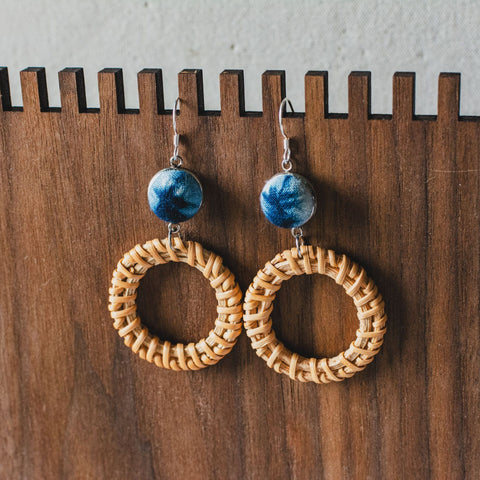 Handmade Indigo Tie Dye Rattan Earrings with Silver Hooks Boho Style