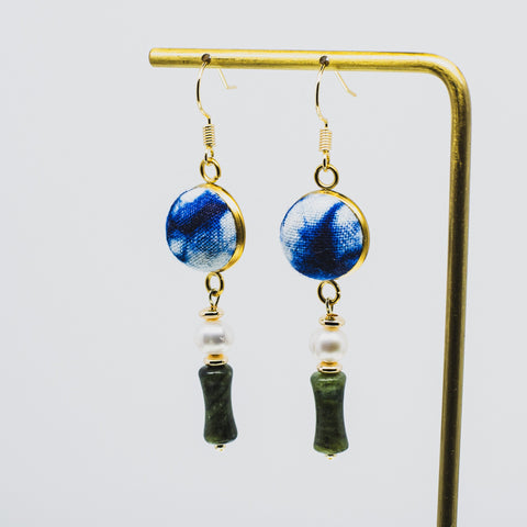 Handmade Indigo Tie-Dye Gold Earrings with Blue Stone and Pearl Drops