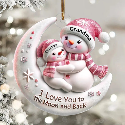3D Effect Snowman Grandma and Grandkid On The Moon Custom Acrylic Christmas Ornament