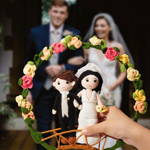 Custom Crochet Wedding Dolls in Floral Wreath Handmade Couple Figurines