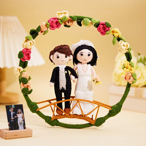Custom Crochet Wedding Dolls in Floral Wreath Handmade Couple Figurines