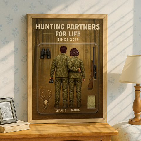 “ Hunting Partners For Life" 3D Effect Custom Couple Figurine Canvas Print/Framed Poster/Poster