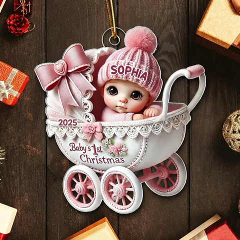 3D Effect Newborn Baby In Carriage Custom Christmas 2025 Acrylic Ornament