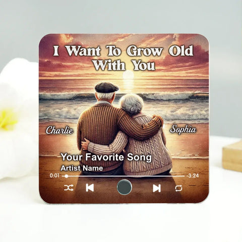"I Want To Grow Old With You" Old Couple At Sunset Beach Custom Music Fridge Magnet