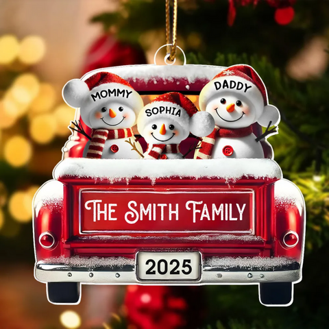 3D Effect Custom Snowman Family Red Car Acrylic Christmas Ornament 