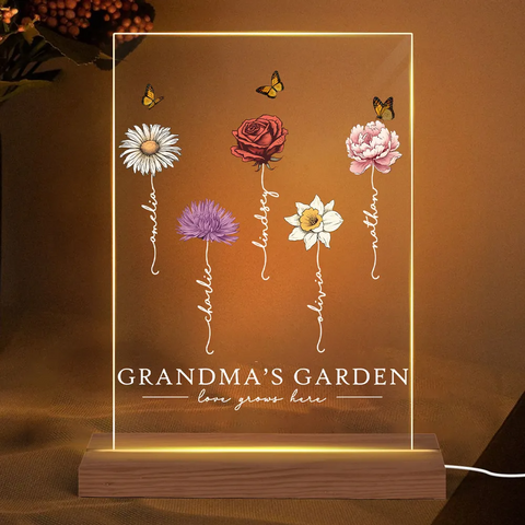 "Love Grows Here" Grandma‘s Garden Birth Month Flower Personalized Acrylic Plaque With LED Night Light