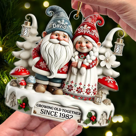3D Effect Gnome Couple Together Custom Acrylic Christmas Ornament