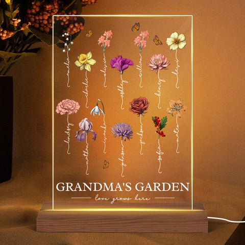 "Love Grows Here" Grandma‘s Garden Birth Month Flower Personalized Acrylic Plaque With LED Night Light