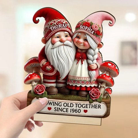 3D Effect Romantic Gnome Couple Custom Christmas Wooden Plaque