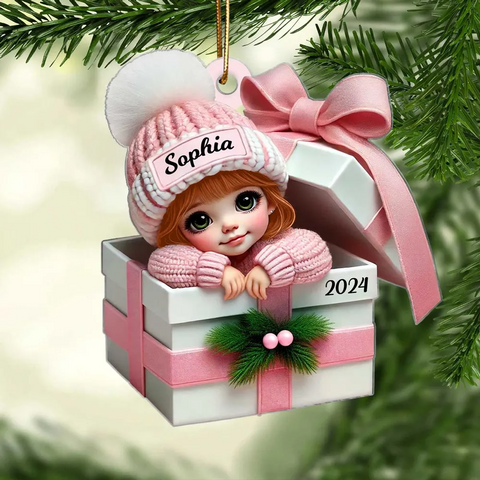 Baby Boy Girl Inside the Gift Box Custom 2D Flat Acrylic Christmas Ornament 2025