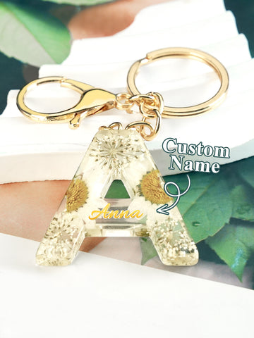 Personalized Dried Flower Initial Keychain – Custom Bag Charm