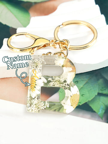 Personalized Dried Flower Initial Keychain – Custom Bag Charm