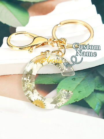 Personalized Dried Flower Initial Keychain – Custom Bag Charm