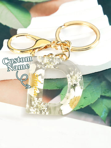 Personalized Dried Flower Initial Keychain – Custom Bag Charm