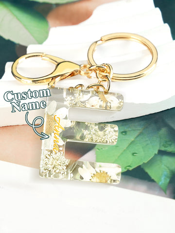 Personalized Dried Flower Initial Keychain – Custom Bag Charm