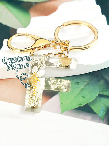 Personalized Dried Flower Initial Keychain – Custom Bag Charm